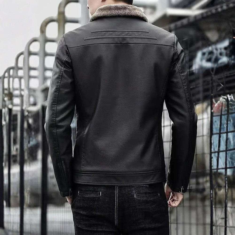 Mens Leather Jacket with Fur Collar Winter Style