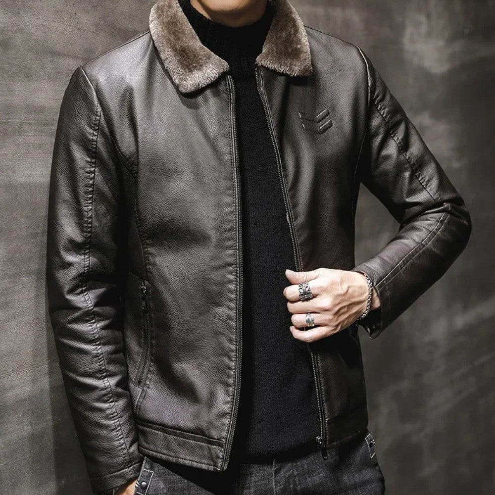 Mens Leather Jacket with Fur Collar Winter Style