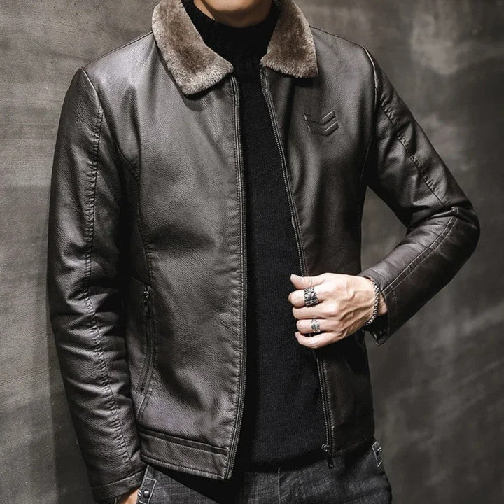Mens Leather Jacket with Fur Collar Winter Style