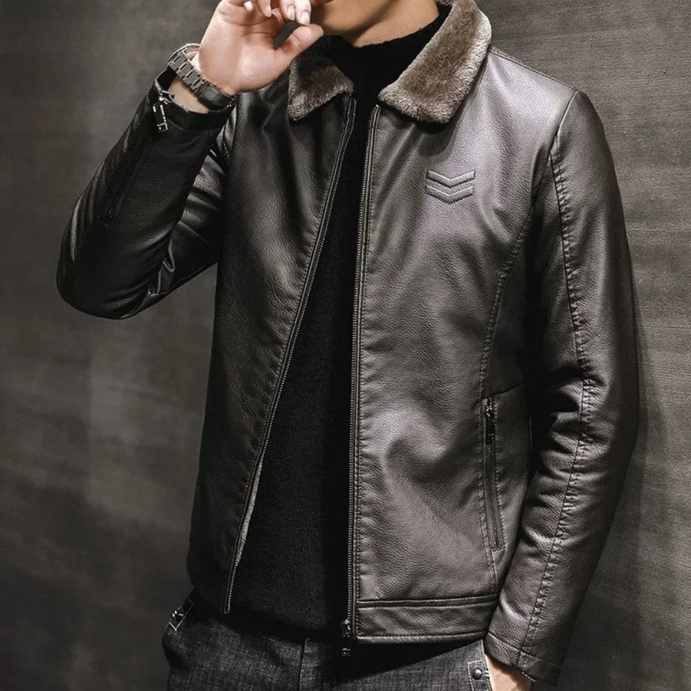 Mens Leather Jacket with Fur Collar Winter Style