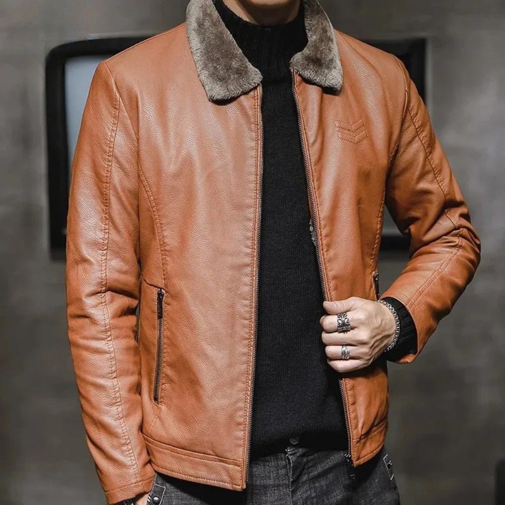 Mens Leather Jacket with Fur Collar Winter Style