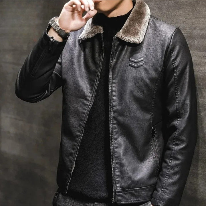 Mens Leather Jacket with Fur Collar Winter Style