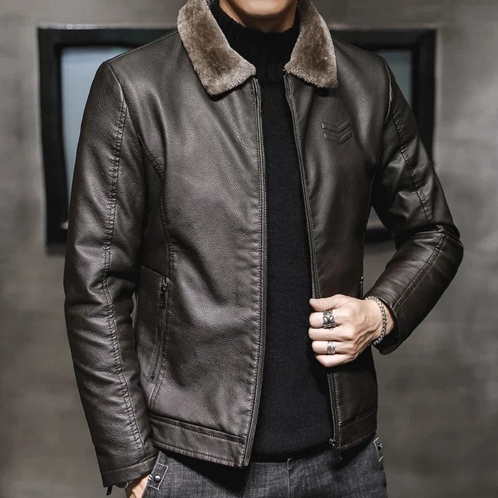 Mens Leather Jacket with Fur Collar Winter Style