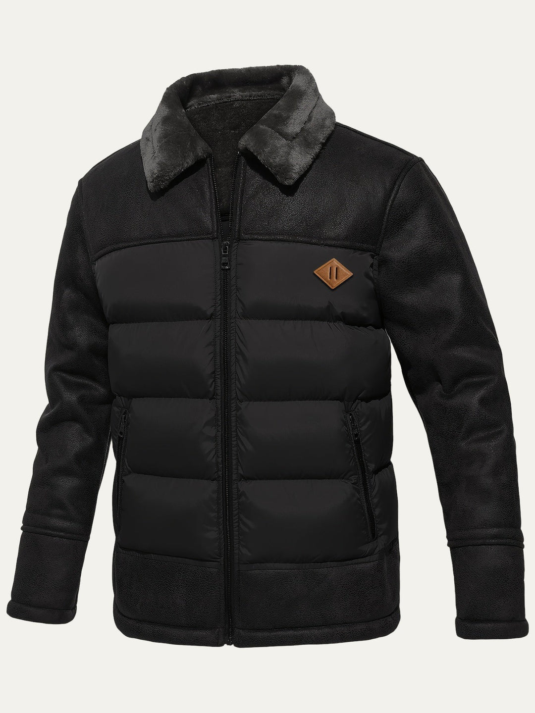 Mens Quilted Jacket with Fur Trim Collar Winter Outerwear