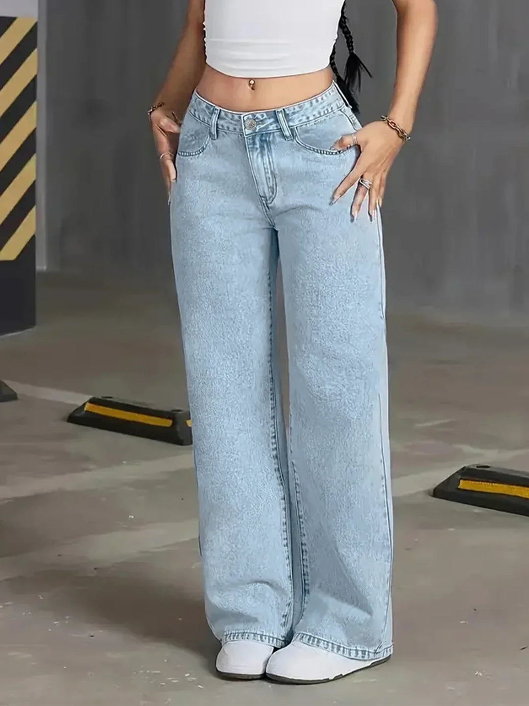 Womens Wide Leg Jeans Washed Denim - BritishMode
