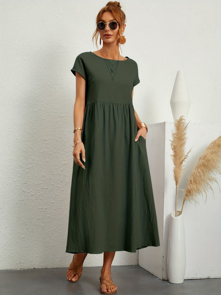 Womens Midi Dress Cotton Short Sleeve Loose Fit with Pockets - BritishMode