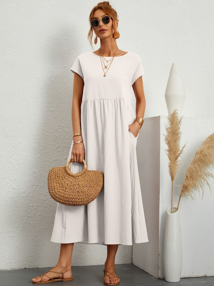 Womens Midi Dress Cotton Short Sleeve Loose Fit with Pockets