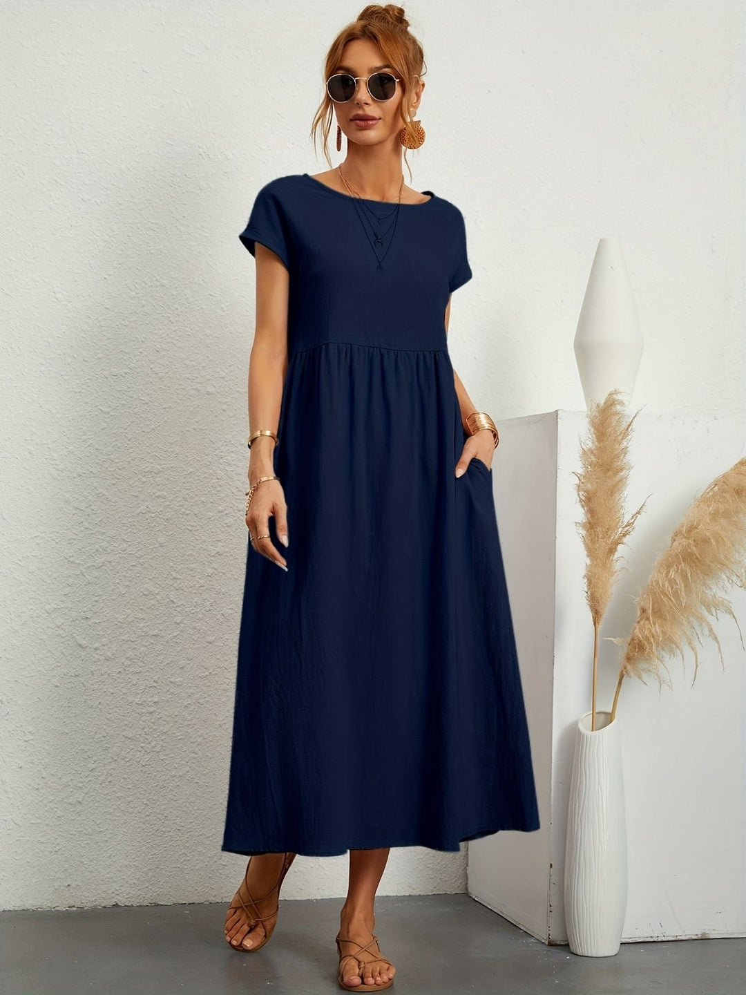 Womens Midi Dress Cotton Short Sleeve Loose Fit with Pockets