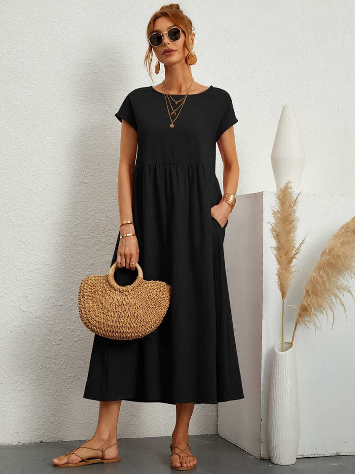 Womens Midi Dress Cotton Short Sleeve Loose Fit with Pockets
