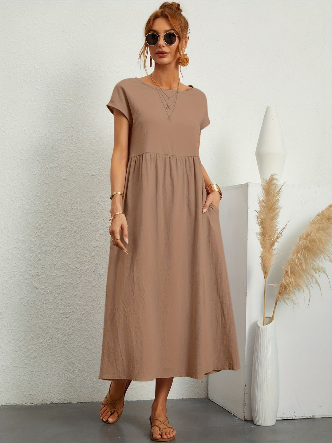 Womens Midi Dress Cotton Short Sleeve Loose Fit with Pockets