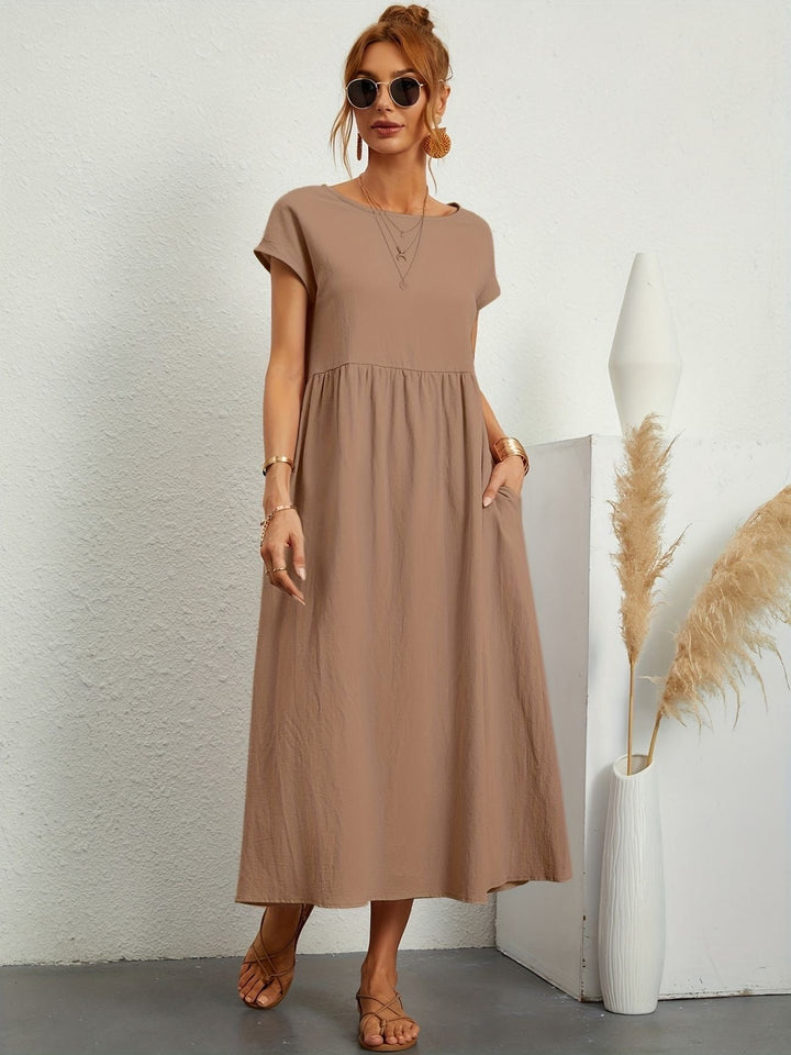 Womens Midi Dress Cotton Short Sleeve Loose Fit with Pockets