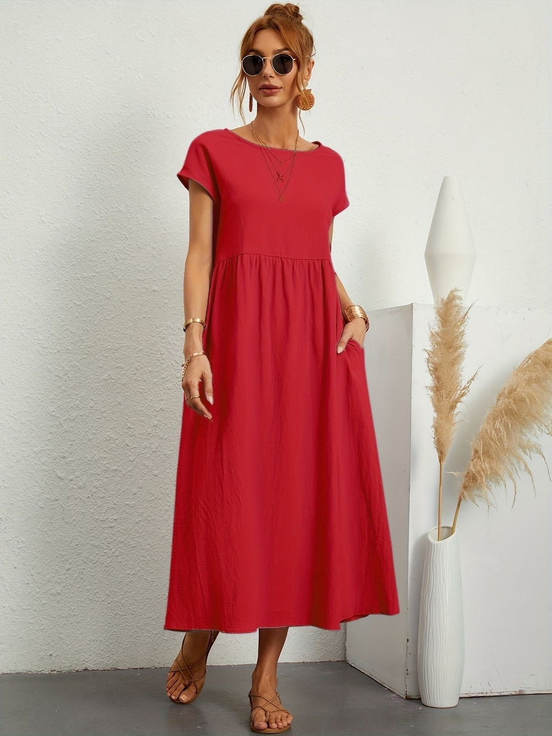 Womens Midi Dress Cotton Short Sleeve Loose Fit with Pockets