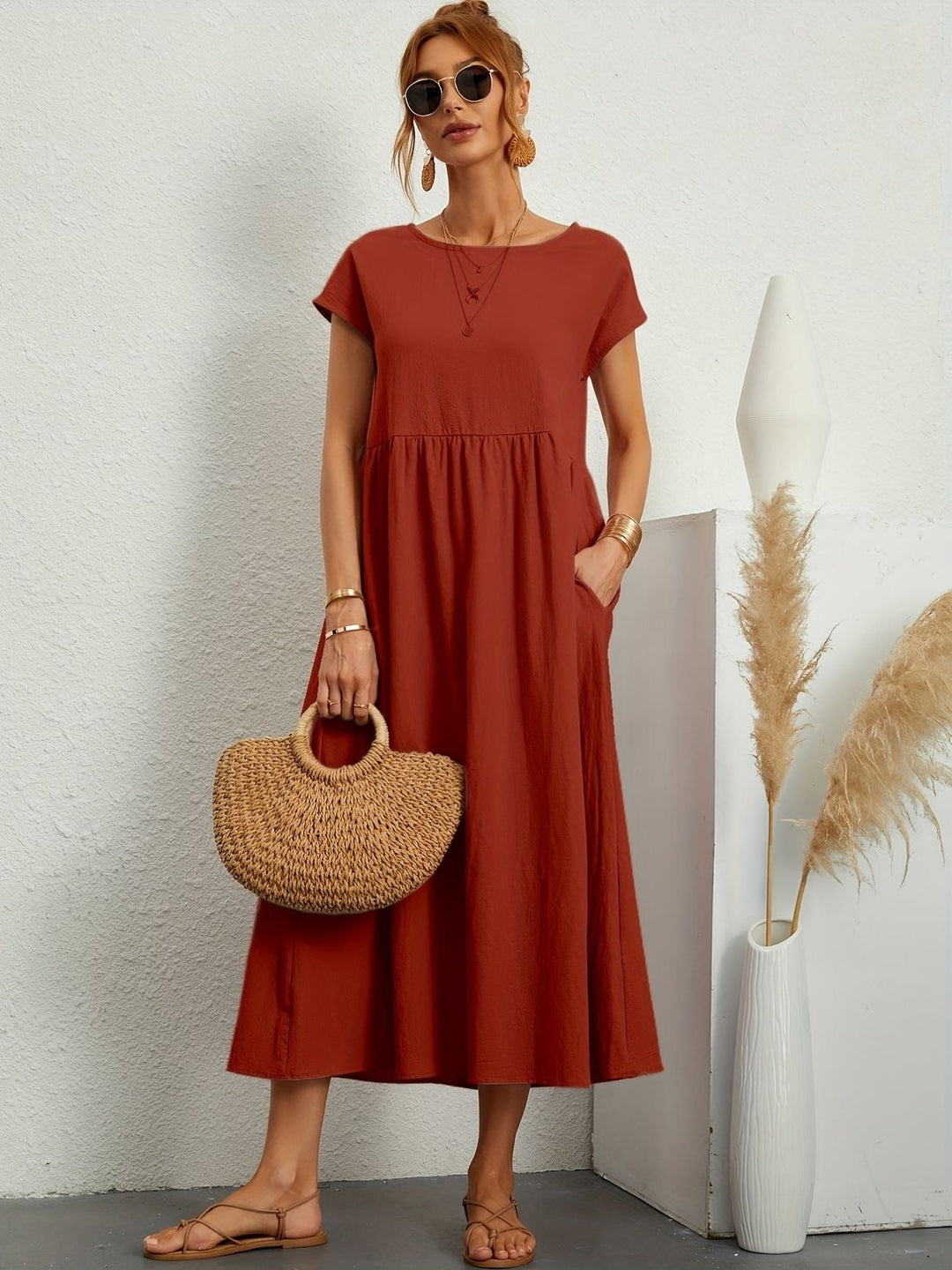 Womens Midi Dress Cotton Short Sleeve Loose Fit with Pockets