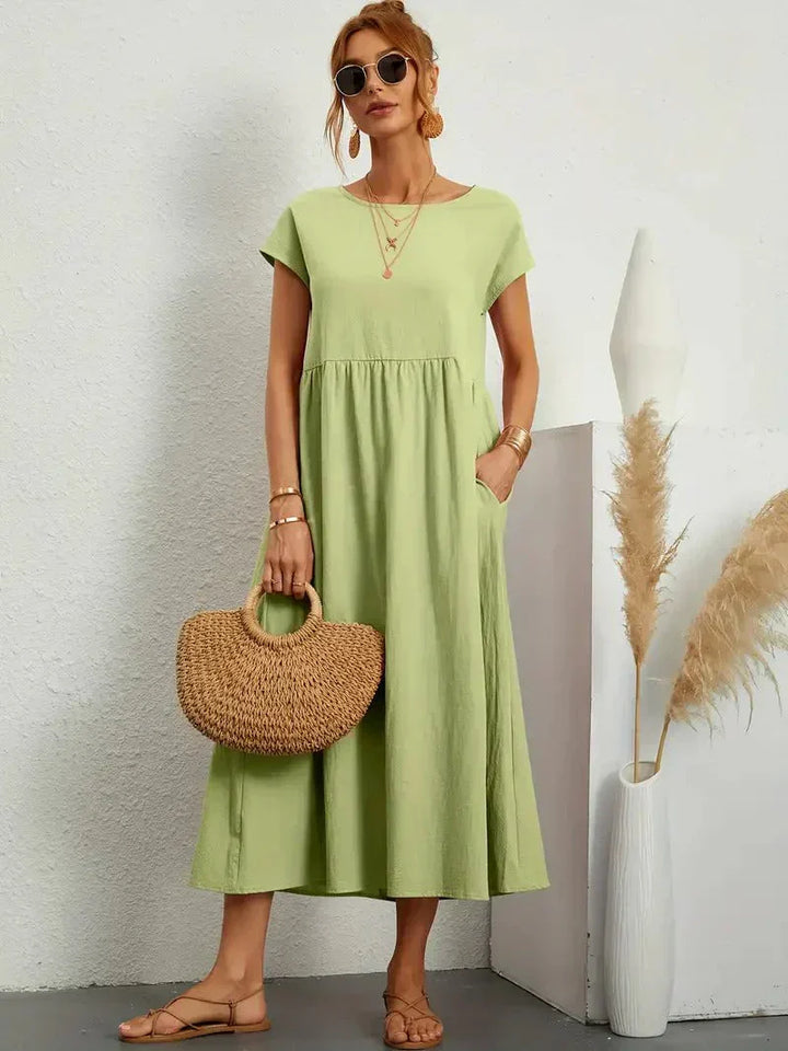 Womens Midi Dress Cotton Short Sleeve Loose Fit with Pockets