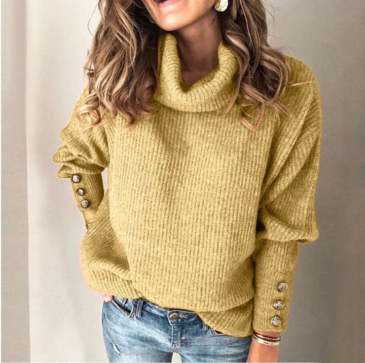 Womens Turtleneck Sweater with Button Cuff
