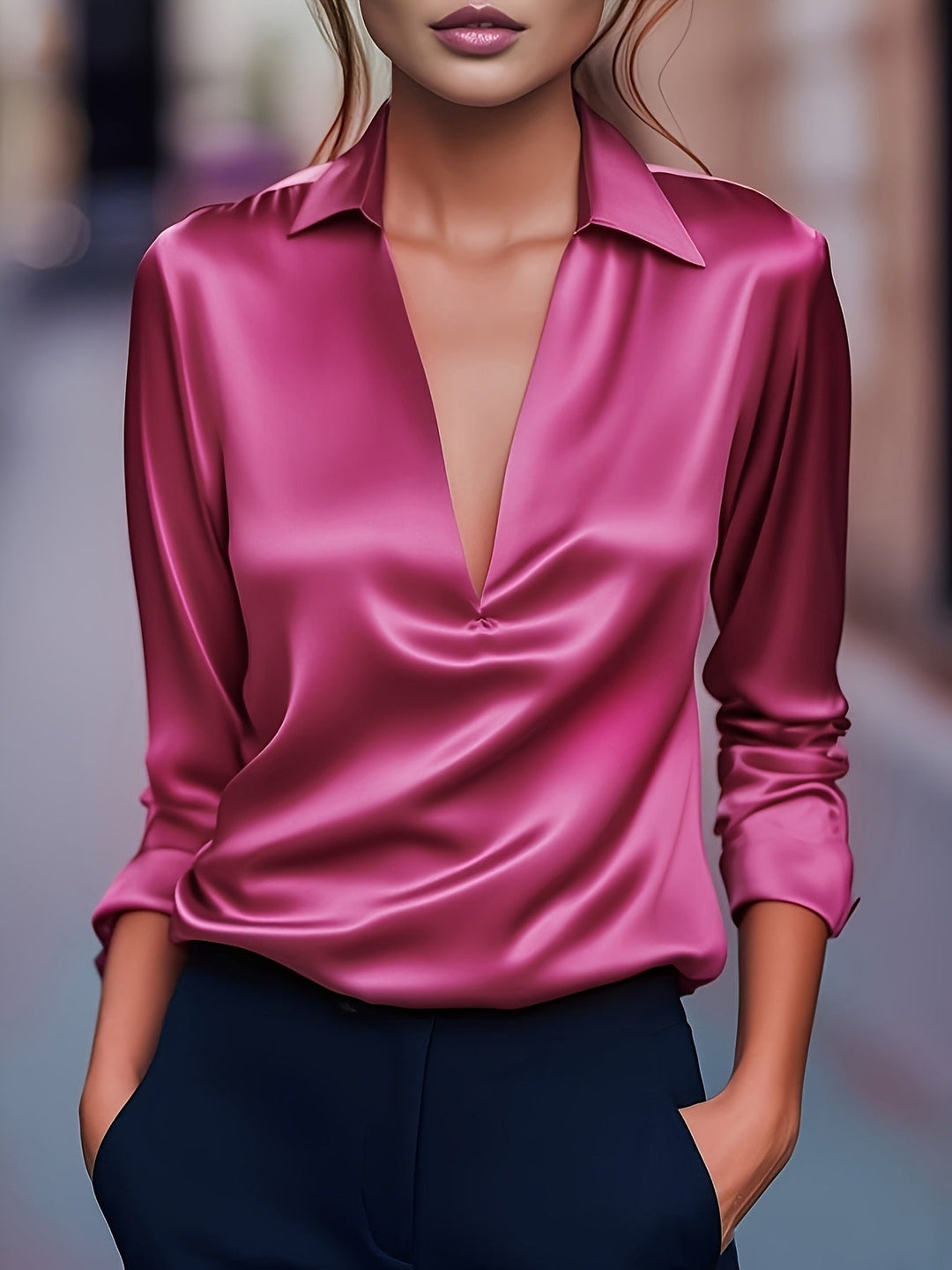 Womens Long Sleeve Blouse with Collar Classic Fit
