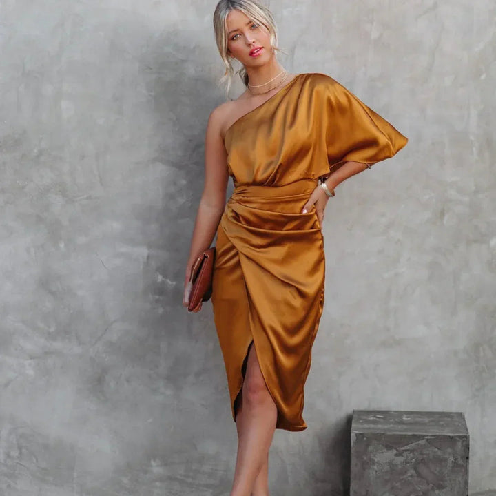 Womens Wrap Midi Dress One Shoulder