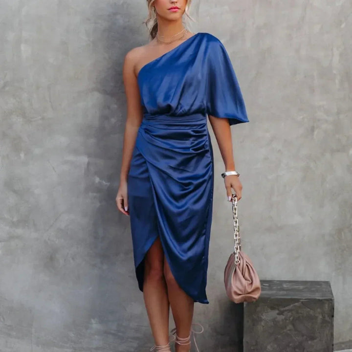 Womens Wrap Midi Dress One Shoulder