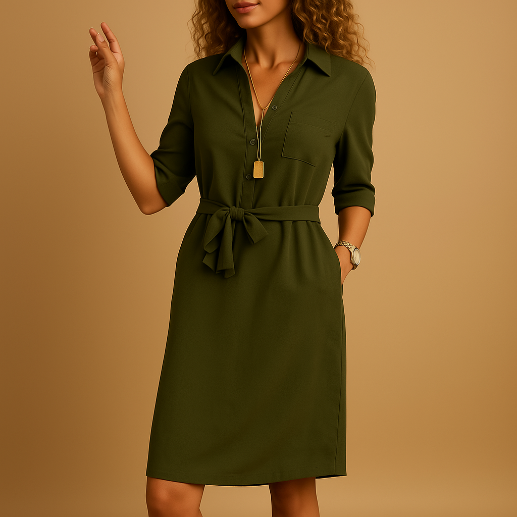 Womens Midi Dress with Tie Waist Shirt Style