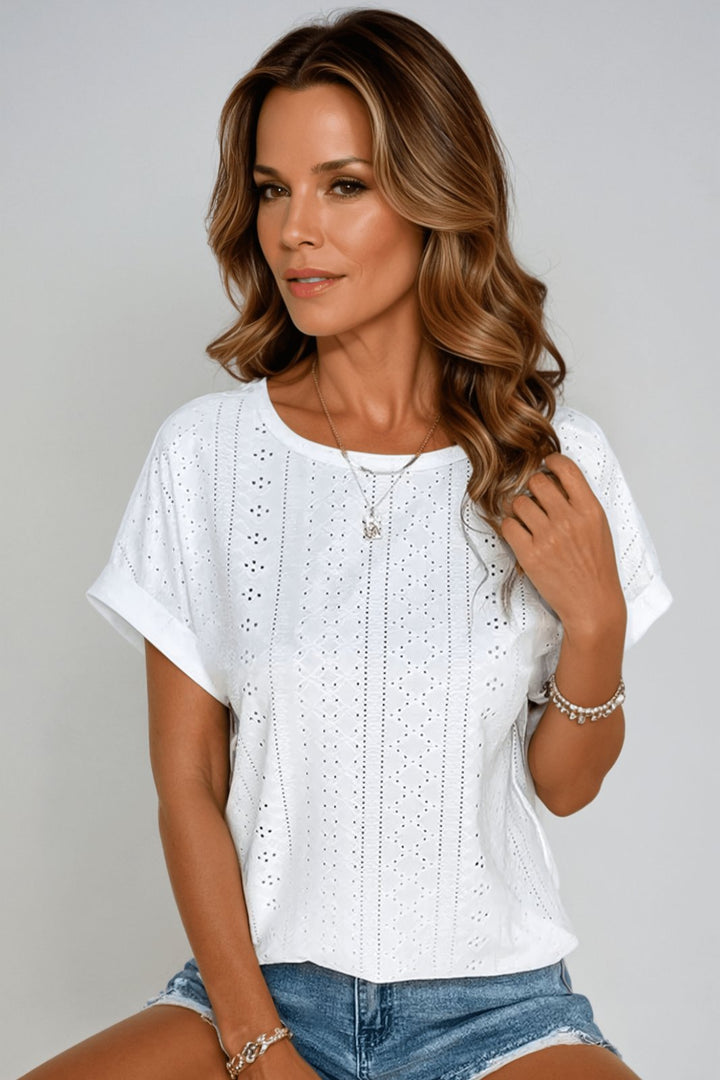 Womens Eyelet Knit Top Round Neck Short Sleeve - BritishMode