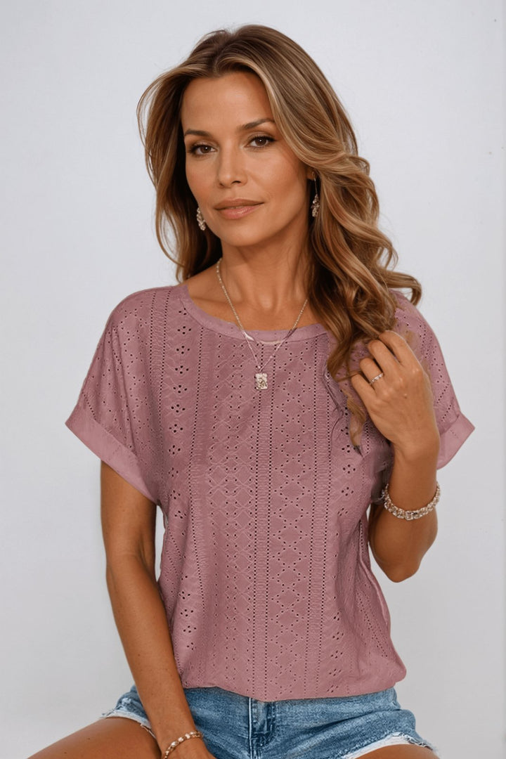 Womens Eyelet Knit Top Round Neck Short Sleeve