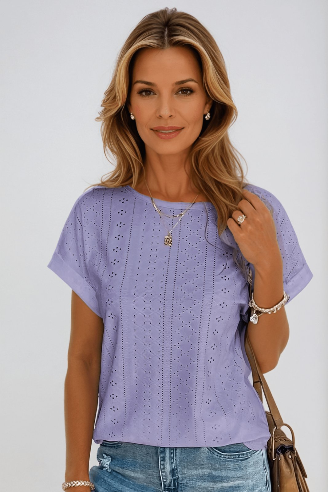 Womens Eyelet Knit Top Round Neck Short Sleeve