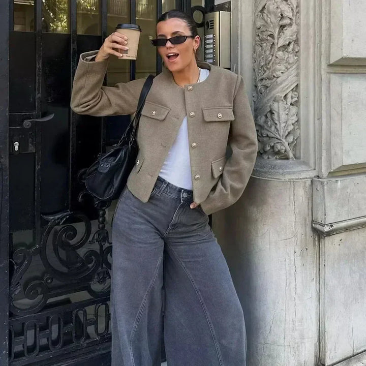 Womens Cropped Bomber Jacket Button Front