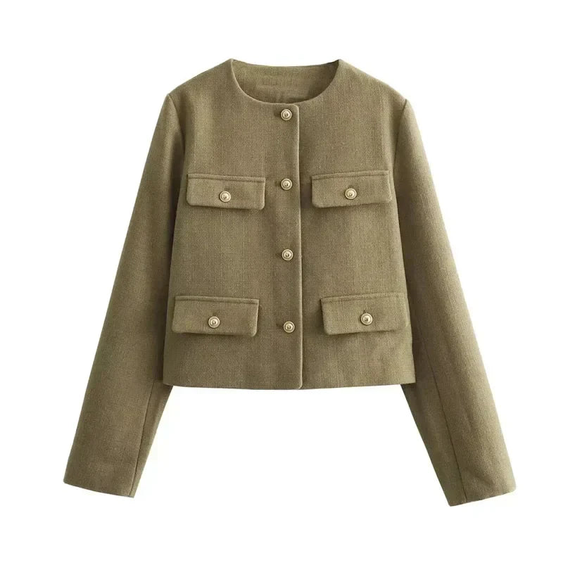 Womens Cropped Bomber Jacket Button Front