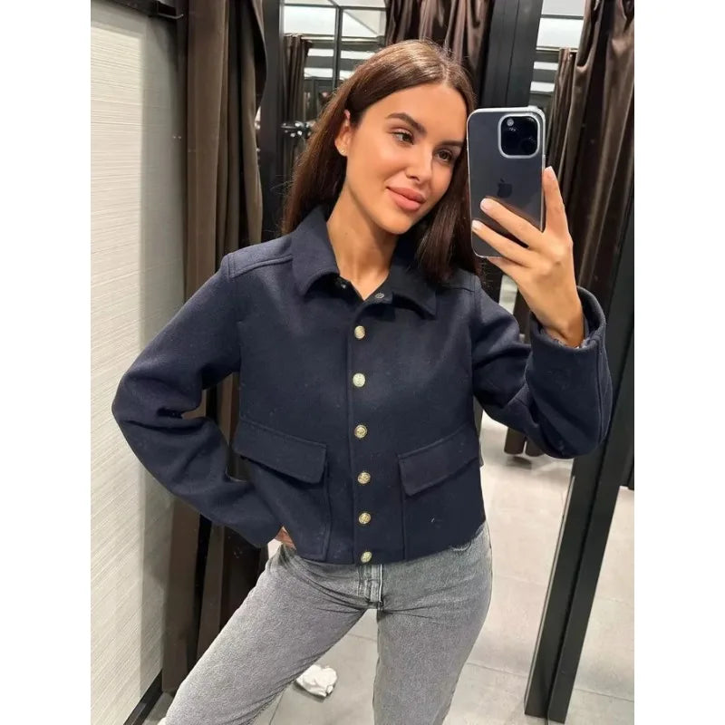 Womens Cropped Bomber Jacket Button Front Casual Fit - BritishMode