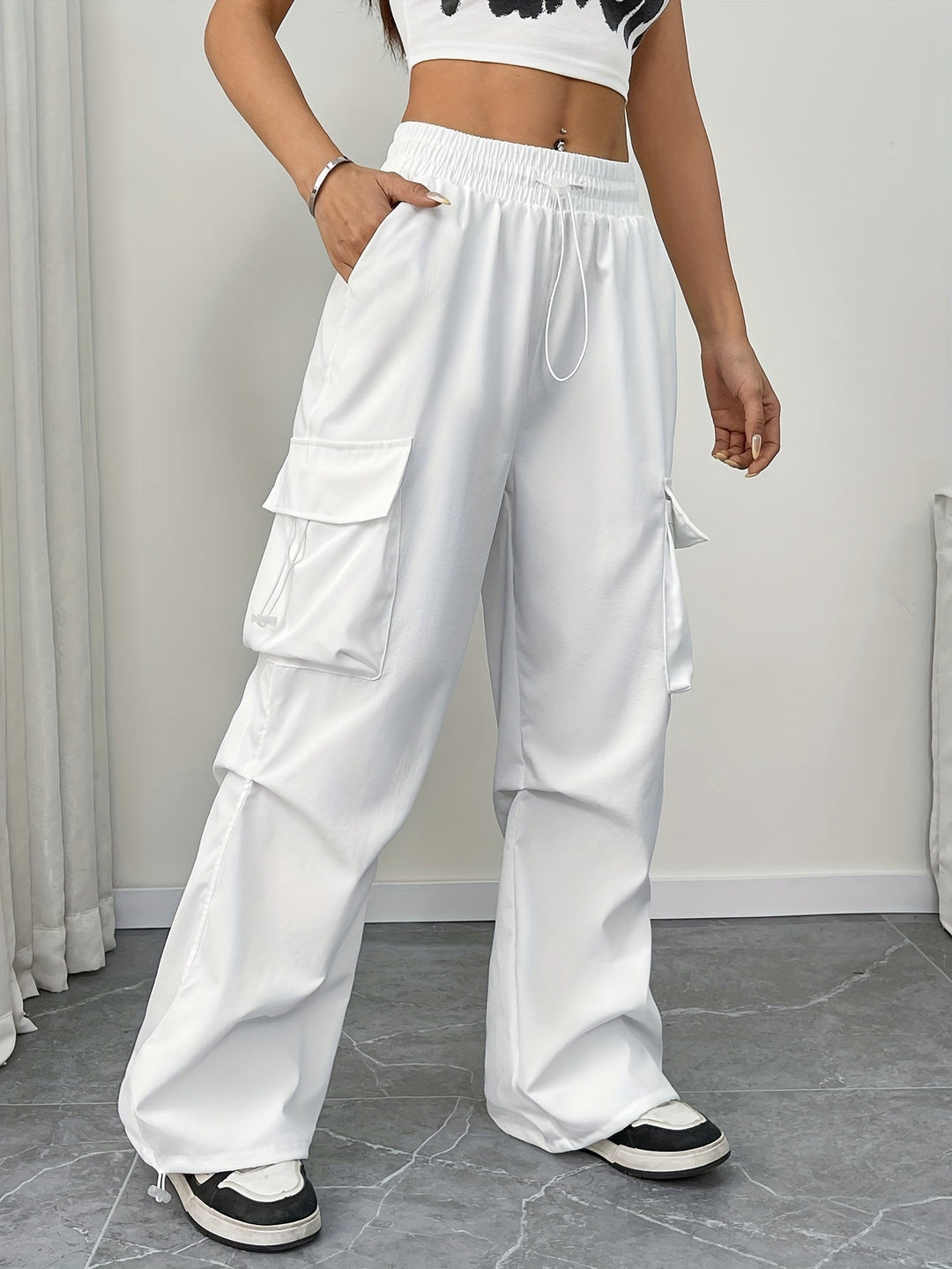 Womens Wide Leg Cargo Pants with Drawstring Waist - BritishMode