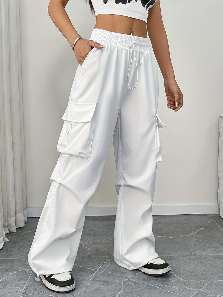 Womens Wide Leg Cargo Pants with Drawstring Waist - BritishMode