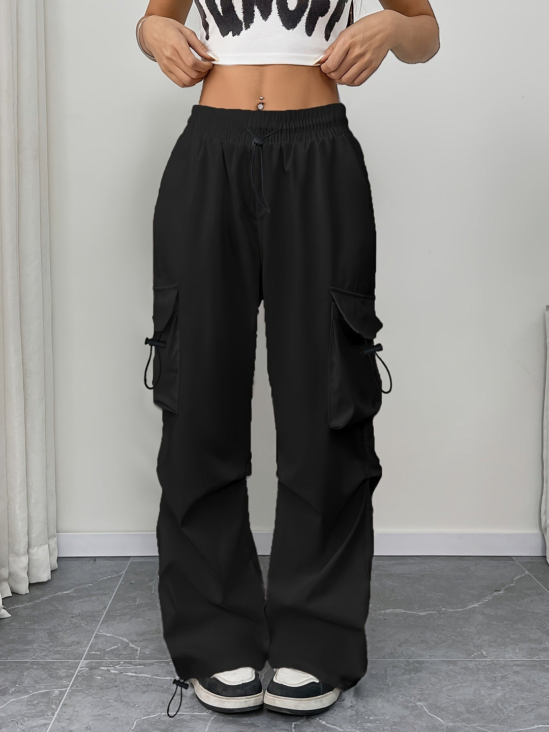 Womens Wide Leg Cargo Pants with Drawstring Waist