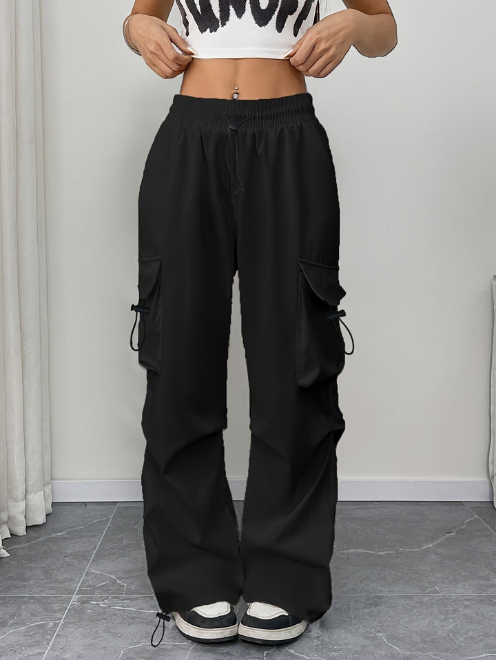 Womens Wide Leg Cargo Pants with Drawstring Waist
