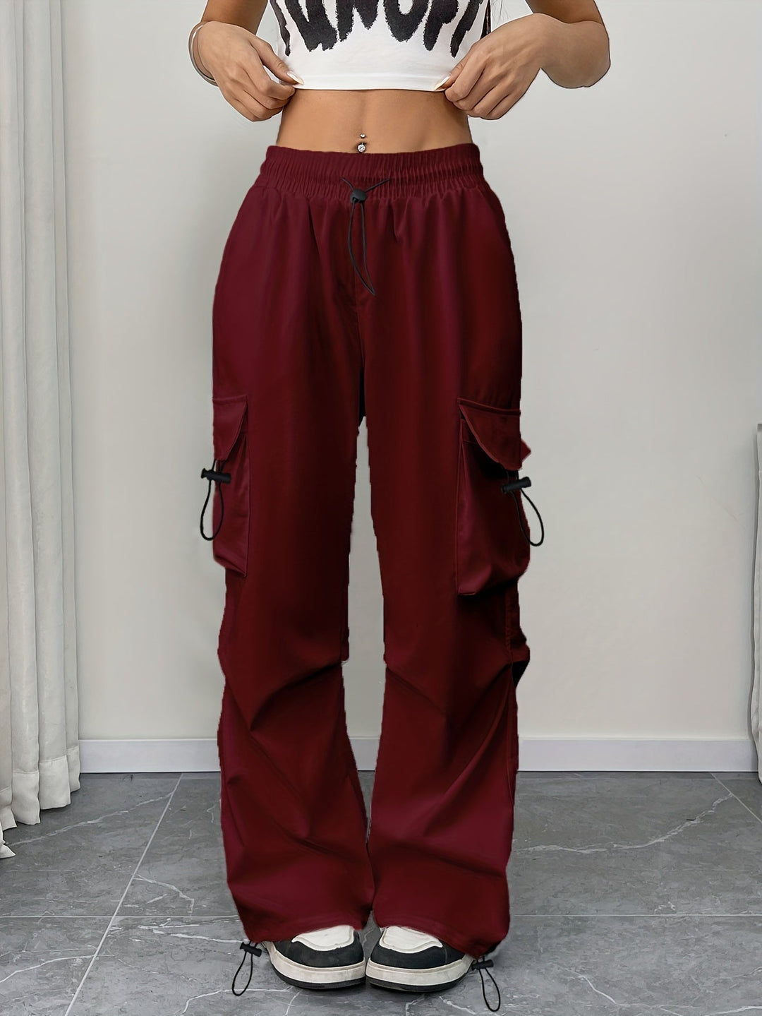 Womens Wide Leg Cargo Pants with Drawstring Waist