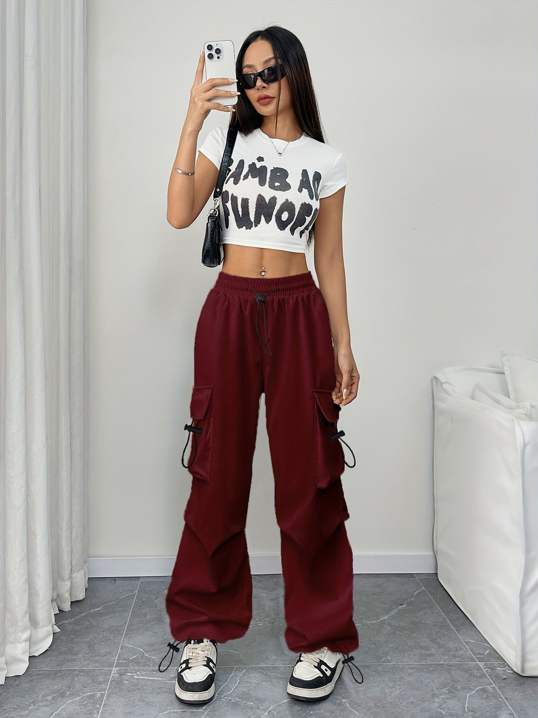 Womens Wide Leg Cargo Pants with Drawstring Waist