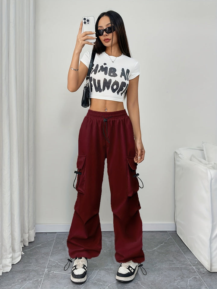 Womens Wide Leg Cargo Pants with Drawstring Waist