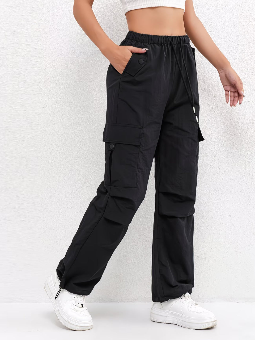 Womens Cargo Trousers Parachute Fabric Drawstring Waist