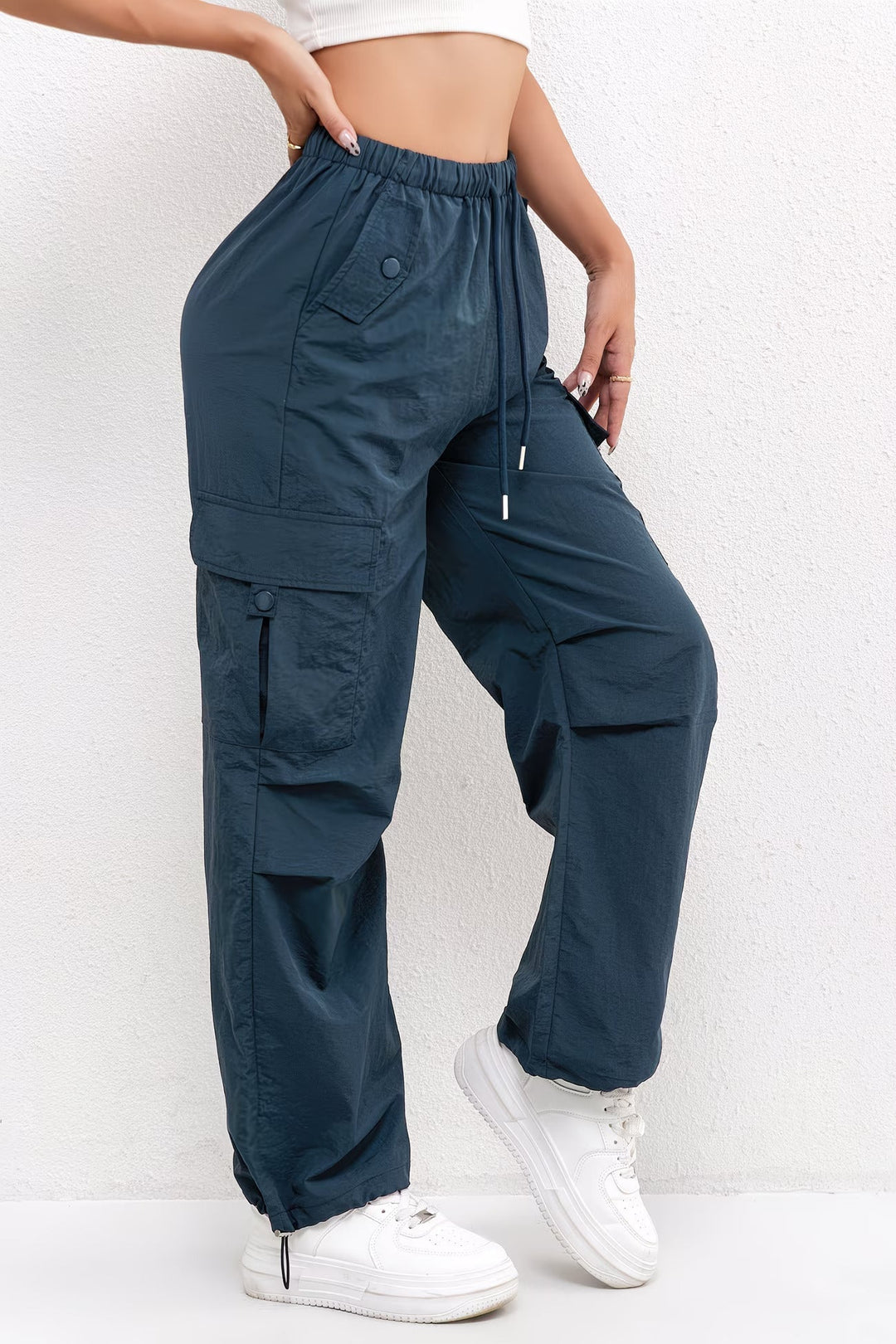 Womens Cargo Trousers Parachute Fabric Drawstring Waist