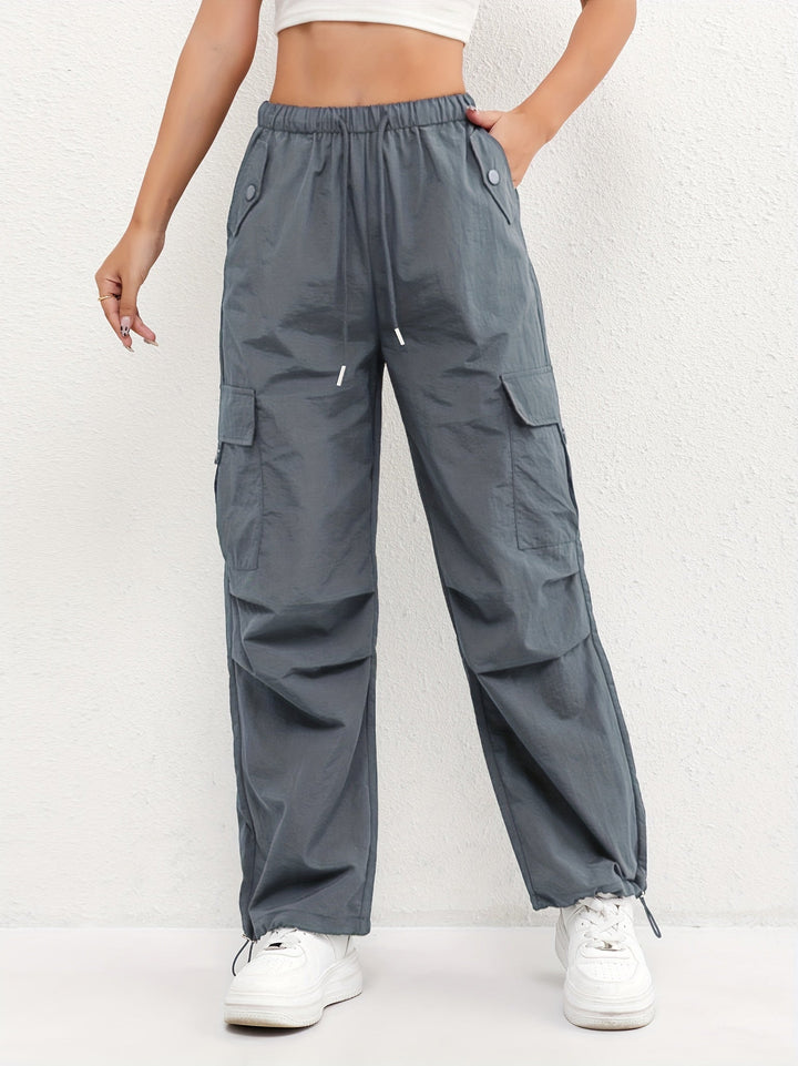 Womens Cargo Trousers Parachute Fabric Drawstring Waist