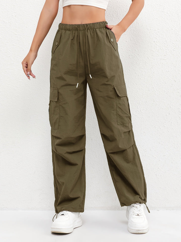 Womens Cargo Trousers Parachute Fabric Drawstring Waist