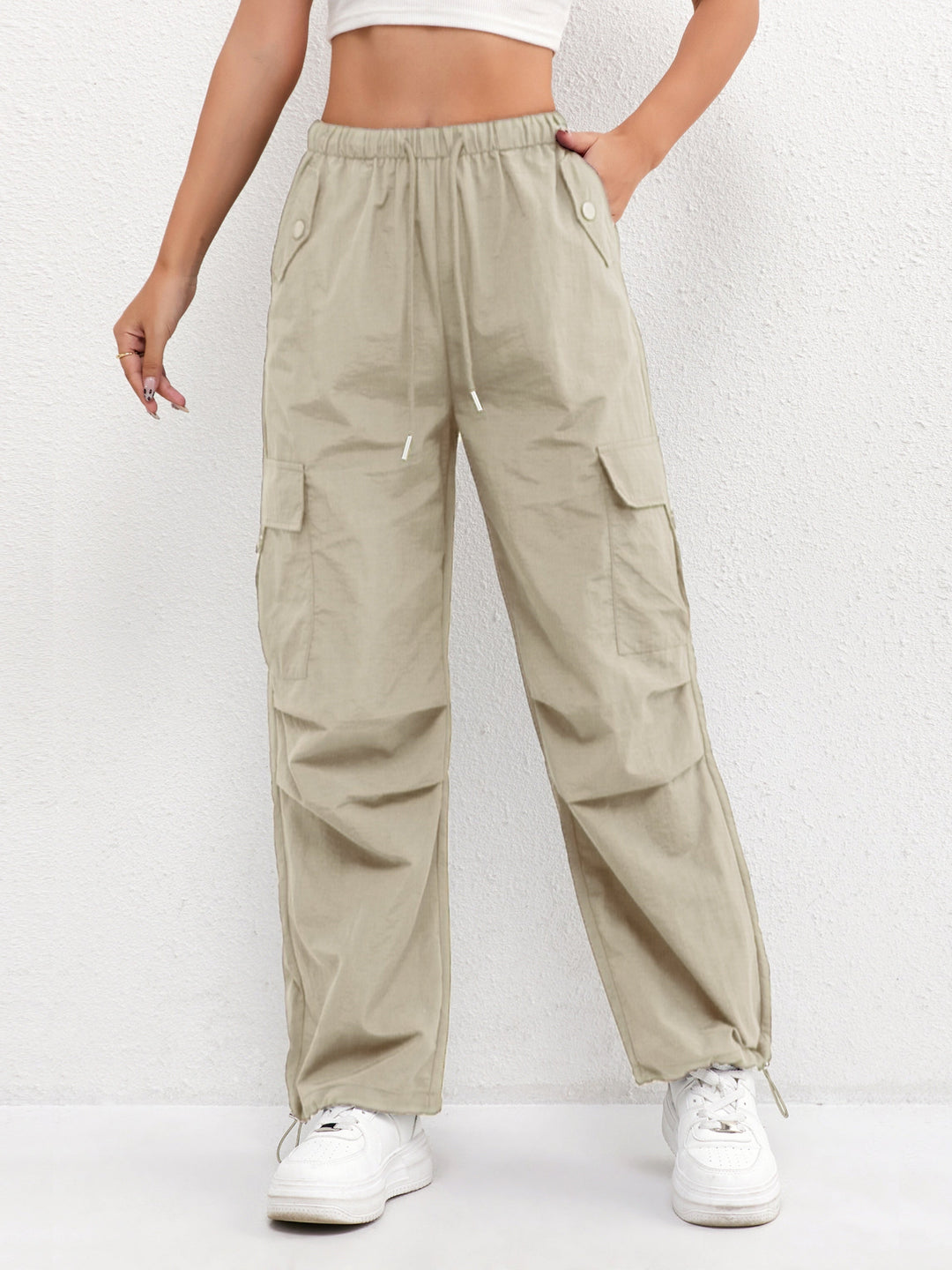 Womens Cargo Trousers Parachute Fabric Drawstring Waist