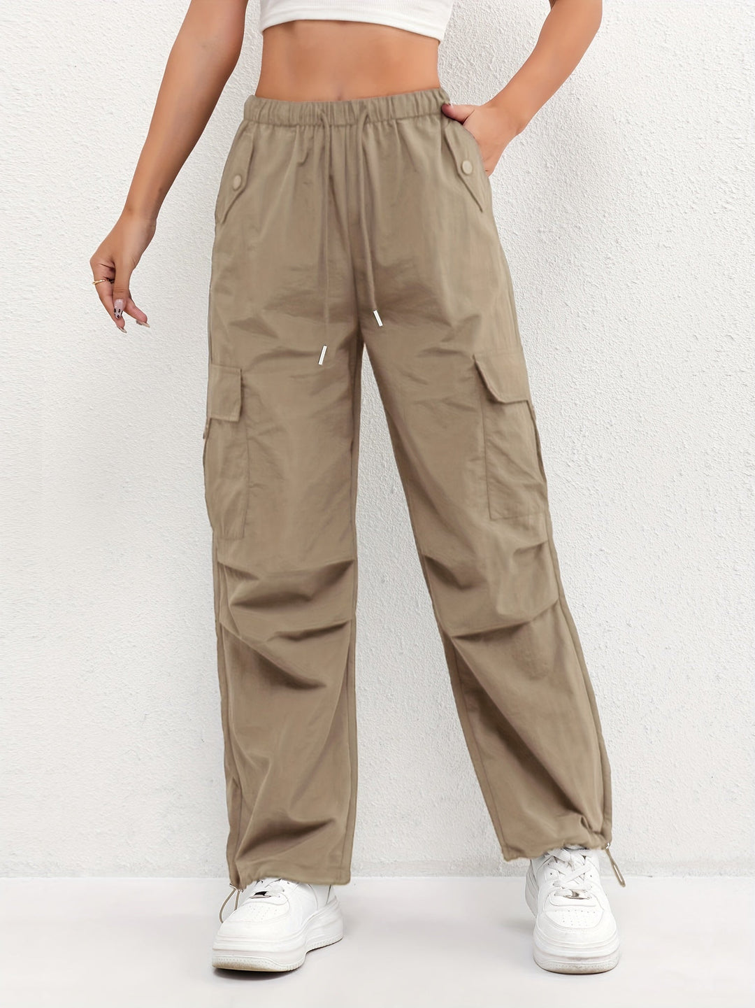 Womens Cargo Trousers Parachute Fabric Drawstring Waist