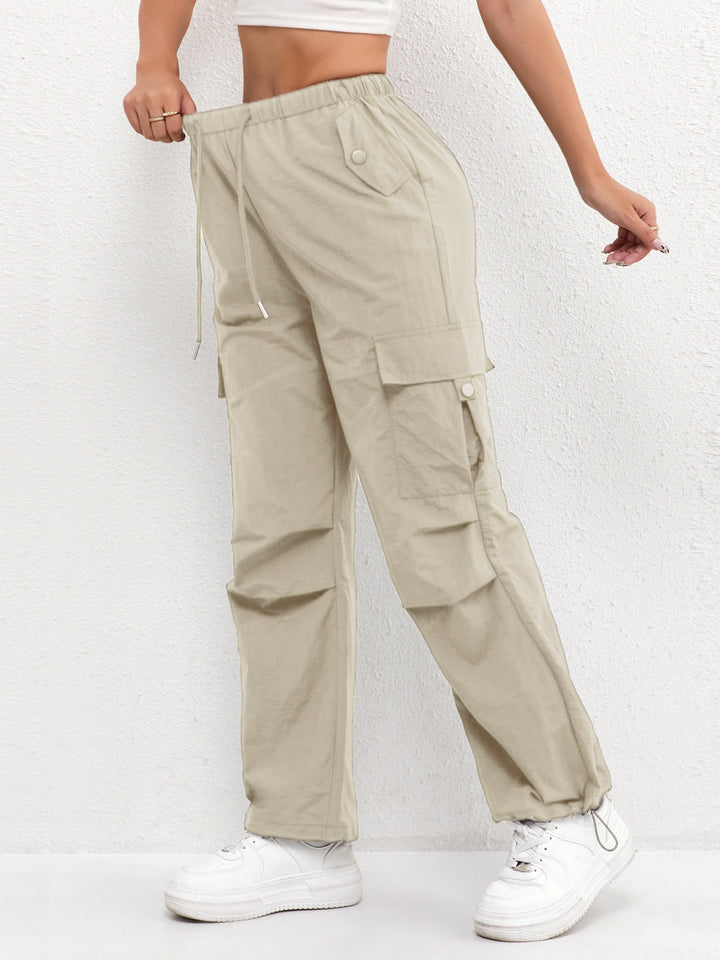 Womens Cargo Trousers Parachute Fabric Drawstring Waist