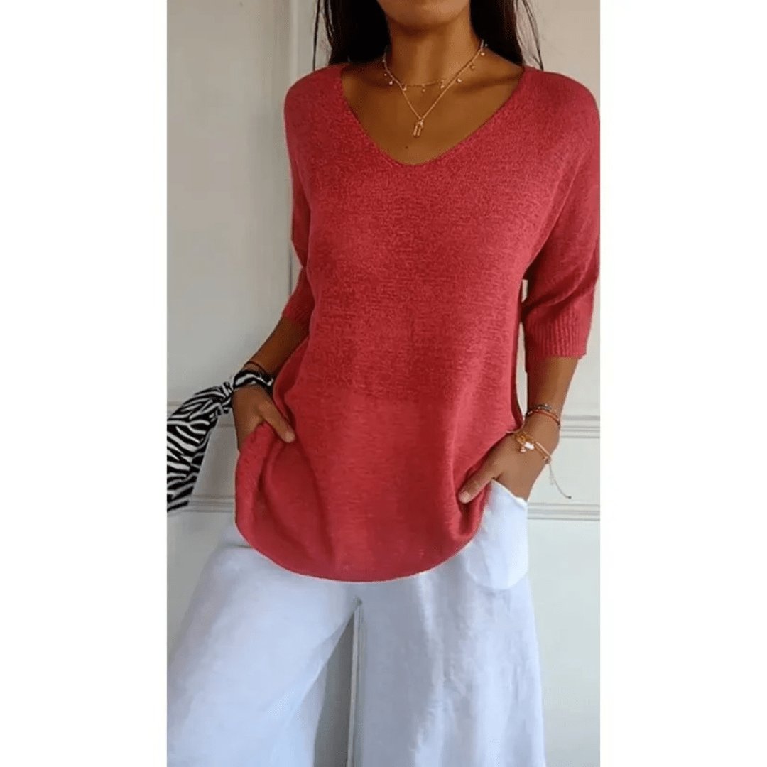 Womens Knit Top V-Neck Three-Quarter Sleeve Relaxed Fit - BritishMode