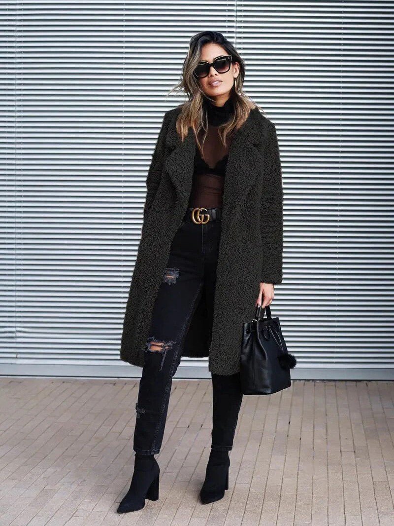 Womens Long Fleece Coat Relaxed Fit