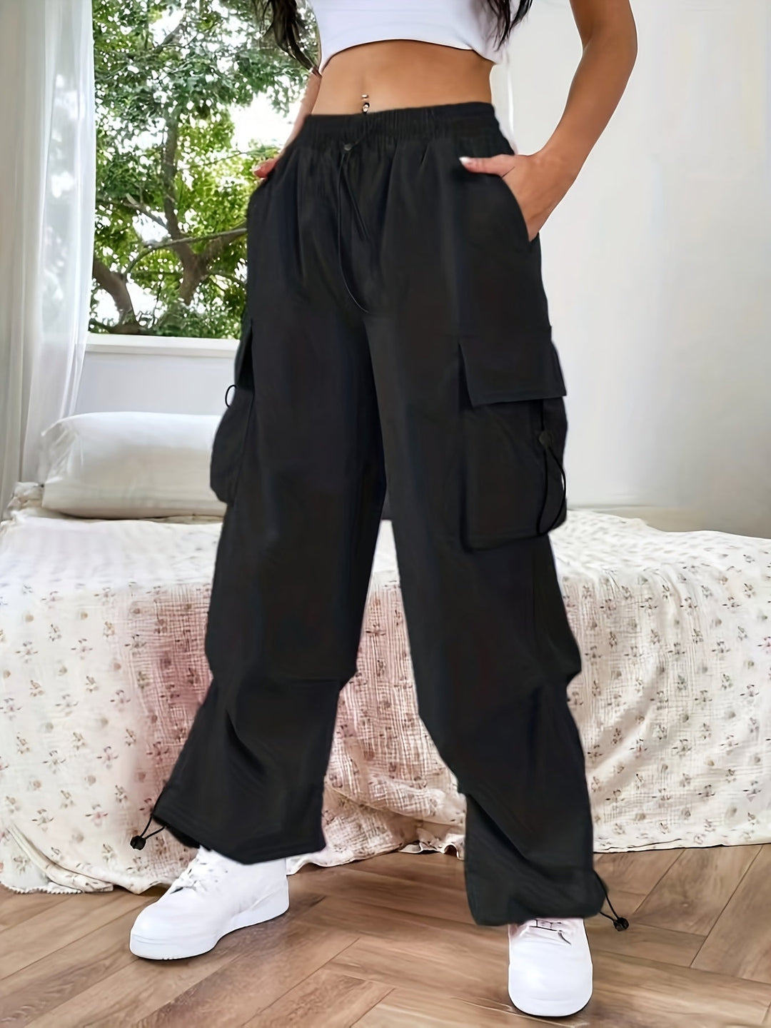 Womens Wide Leg Cargo Pants with Pockets Casual Fit - BritishMode