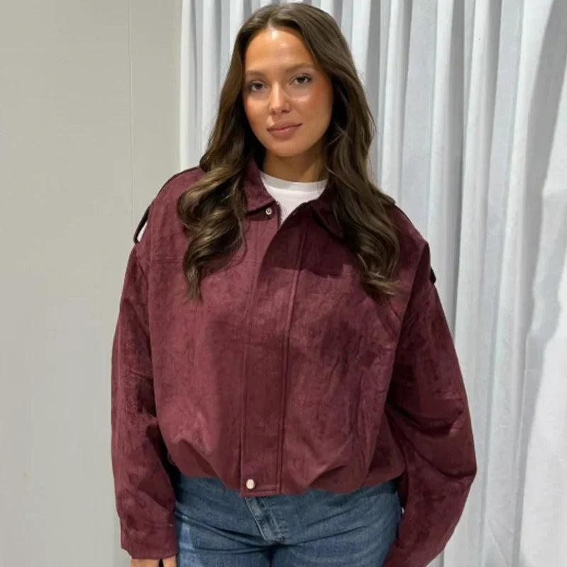 Womens Cropped Bomber Jacket with Zip-Up Closure
