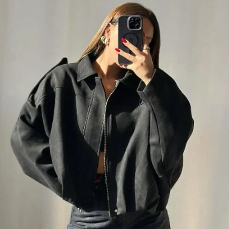 Womens Cropped Bomber Jacket with Zip-Up Closure