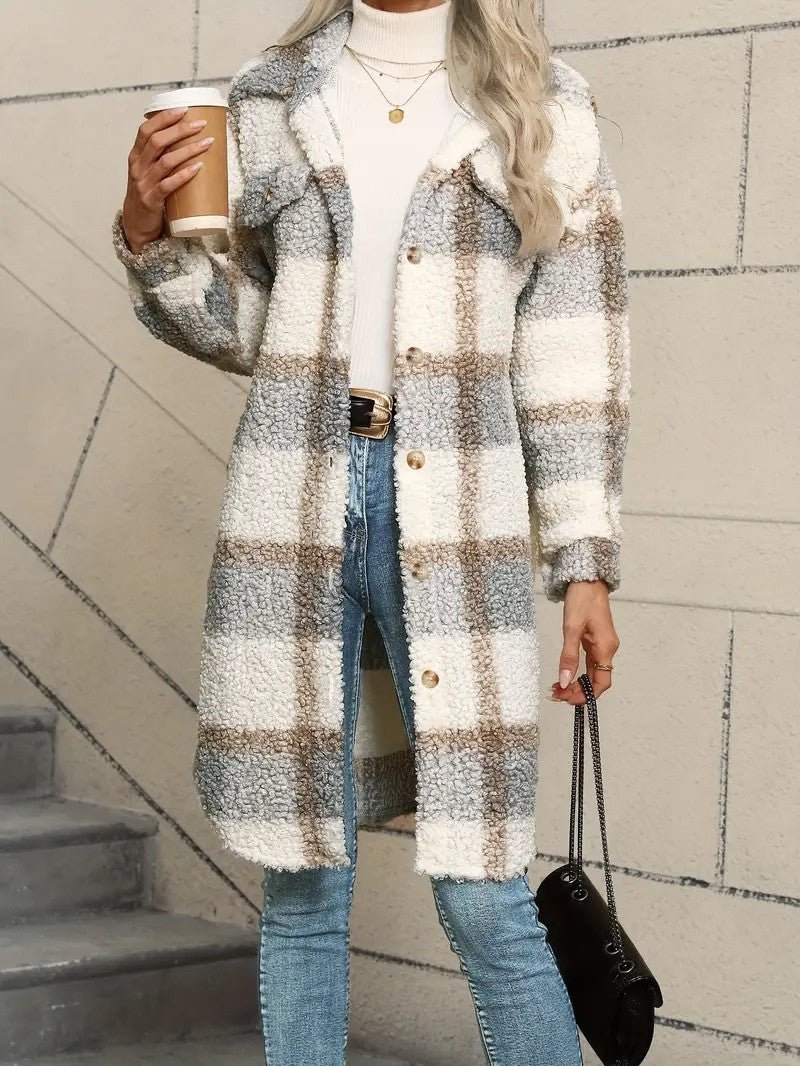Womens Long Coat Fuzzy Fabric Relaxed Fit - BritishMode