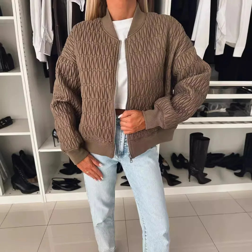 Womens Quilted Bomber Jacket with Zip Front